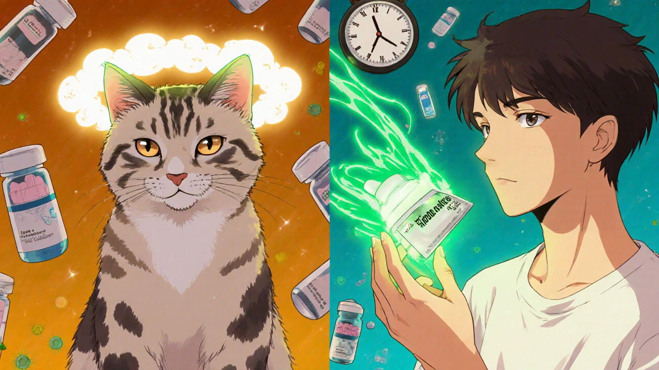 Split image: sick cat and teen applying antifungal cream, glowing cells being destroyed