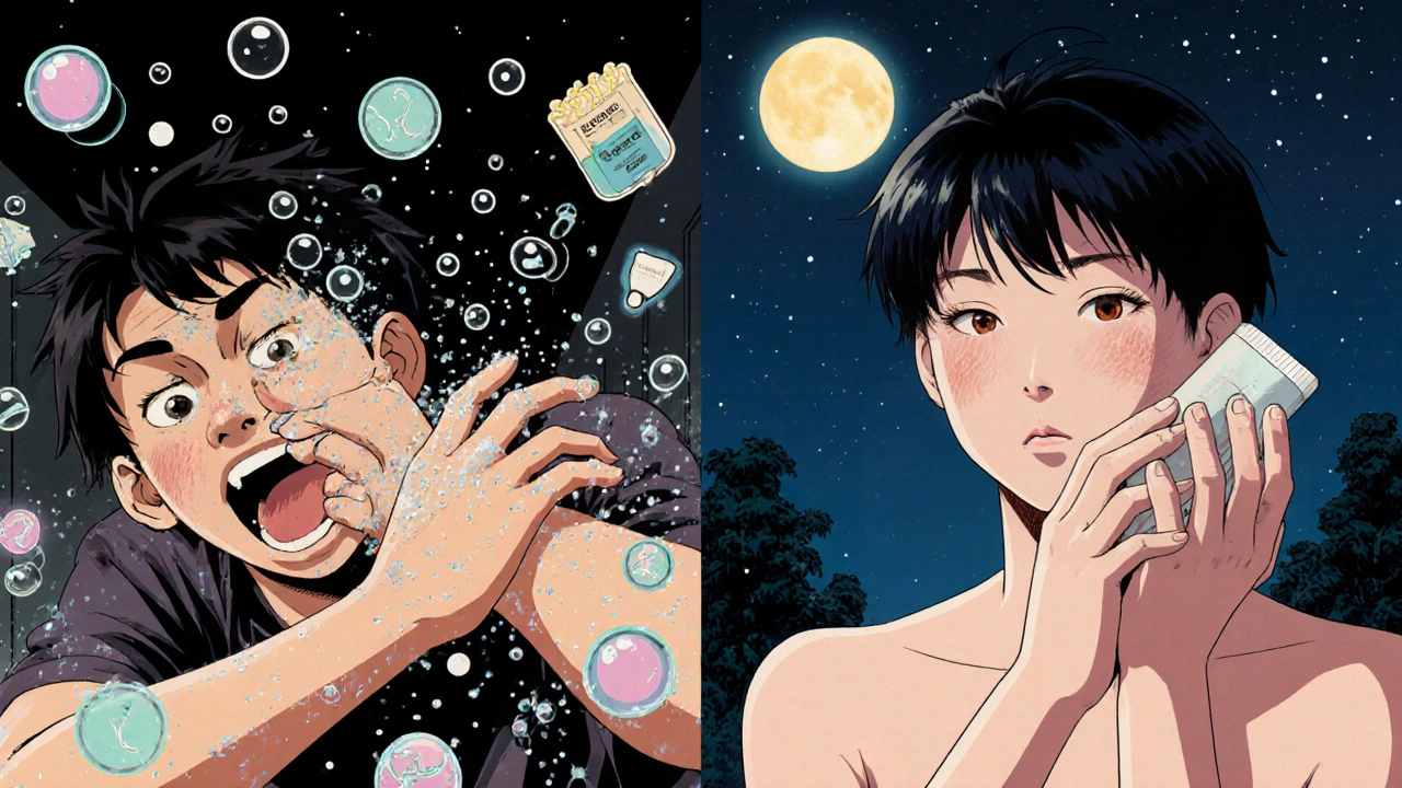 Split scene: eczema flare chaos vs peaceful emollient application at night