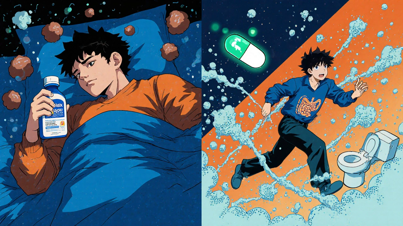 Split scene of constipation and diarrhea symptoms in 80s anime style