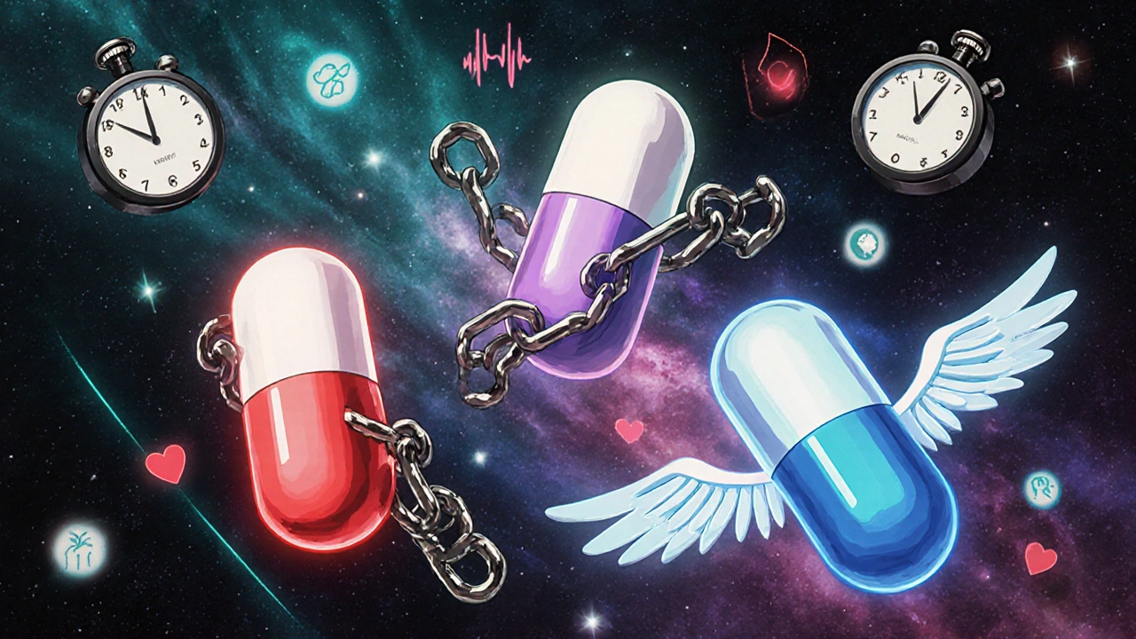 Three antipsychotic pills floating in space, colored by metabolic risk, surrounded by health icons in retro anime style.