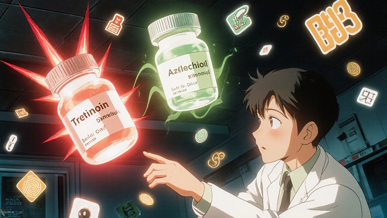 Three glowing skincare vials floating in a dermatologist&#039;s office, patient choosing bakuchiol over tretinoin