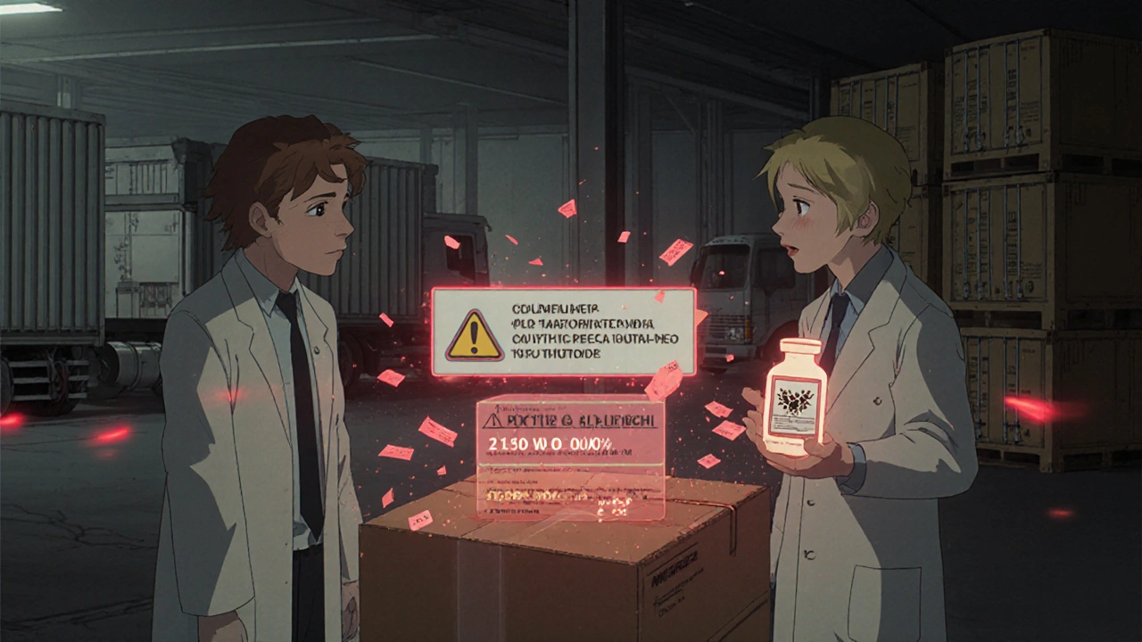 Warehouse workers confronting a counterfeit drug shipment with holographic warning lights flashing.