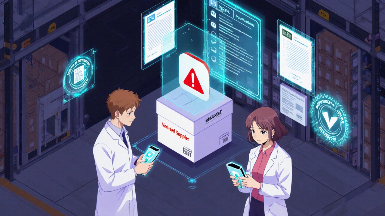 Warehouse workers verifying drug shipments with holographic compliance dashboards, one box flagged as unverified.