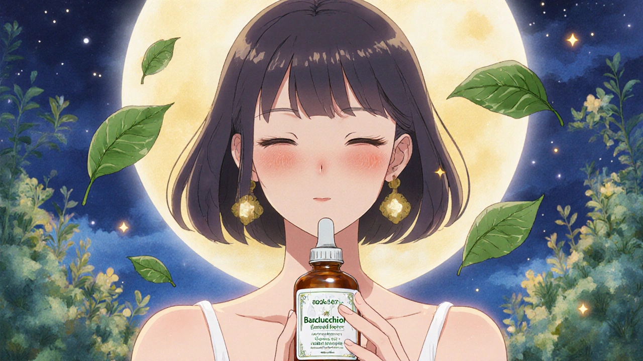 Woman holding bakuchiol serum with floating plant leaves and golden light in retro anime style
