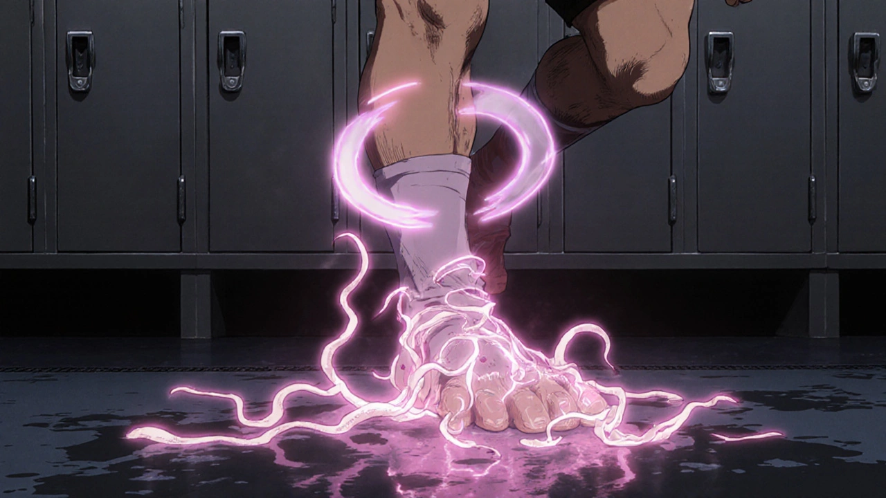 Wrestler stepping on wet gym mat as fungal vines spread, retro anime locker room scene