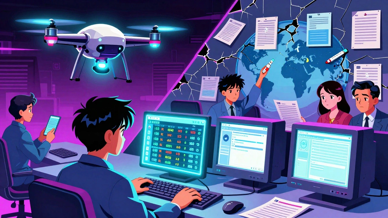 A Chinese AI drone monitoring drug prices while U.S. regulators lag behind, patients in background.