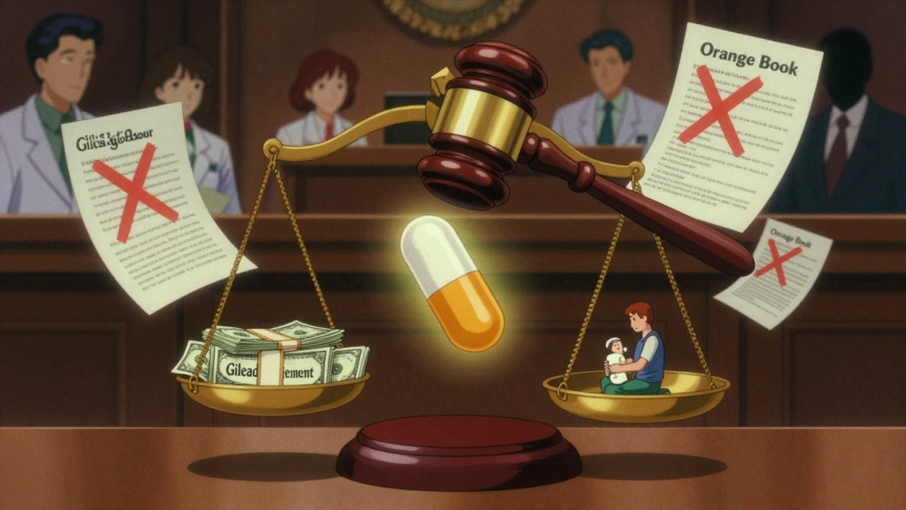 A courtroom scale balancing cash against a generic pill, with fake patents floating around.
