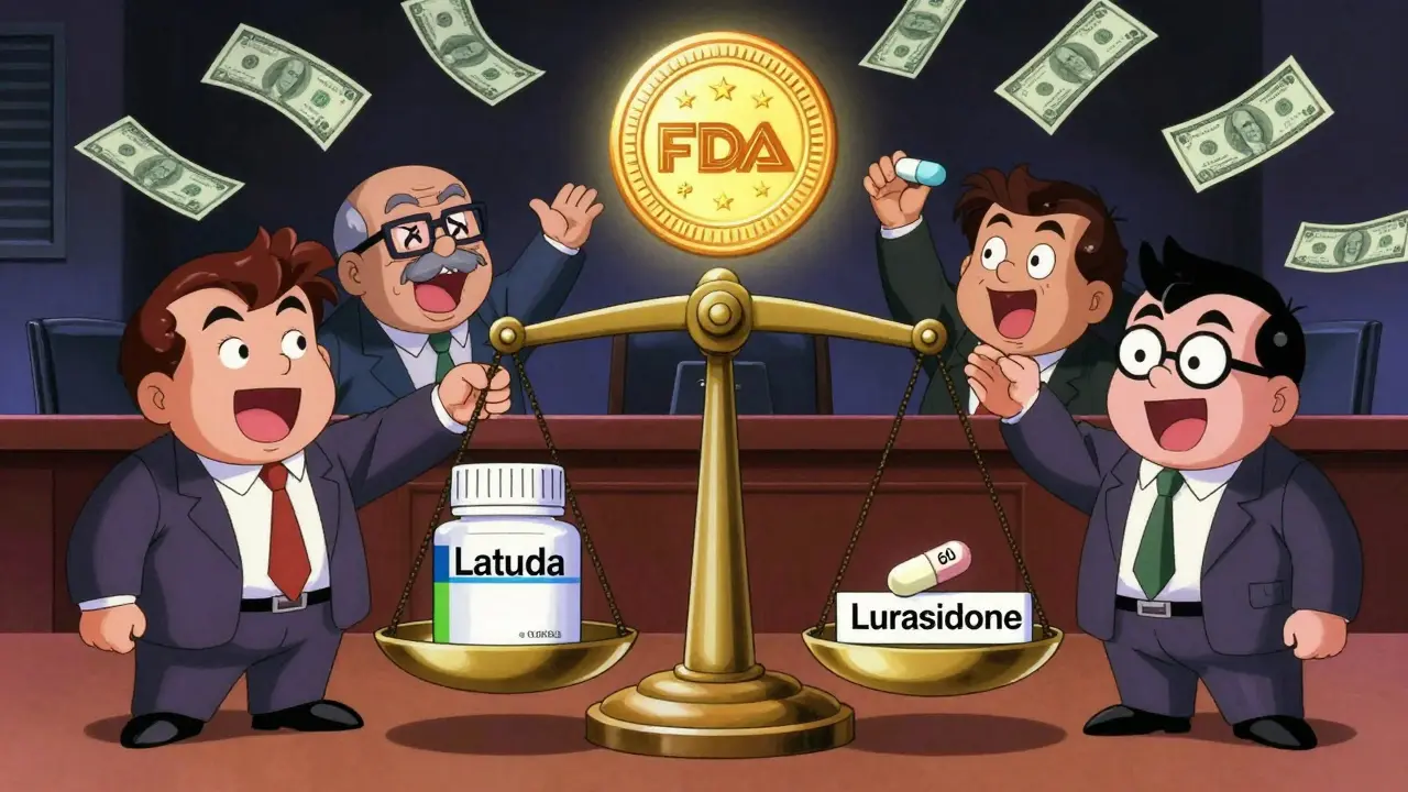 A courtroom scale comparing a ,400 brand-name drug to a  generic, with dollar bills falling from above.