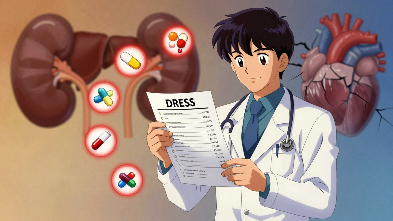 A doctor holding a blood report with high liver enzymes and drug icons, organs cracking in background.