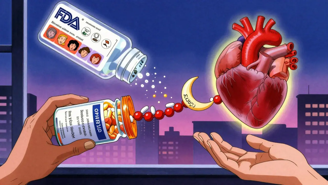 A patient's hand reaching for medicine as cultural symbols form a bridge to a healthy heart, symbolizing trust and respect.