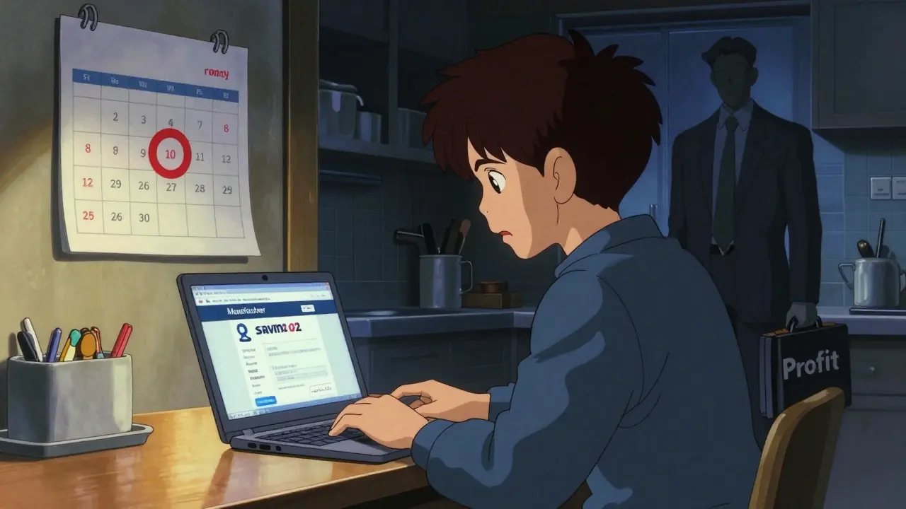 A patient at home reviewing a savings program online, with a calendar reminder and shadowy corporate figure.