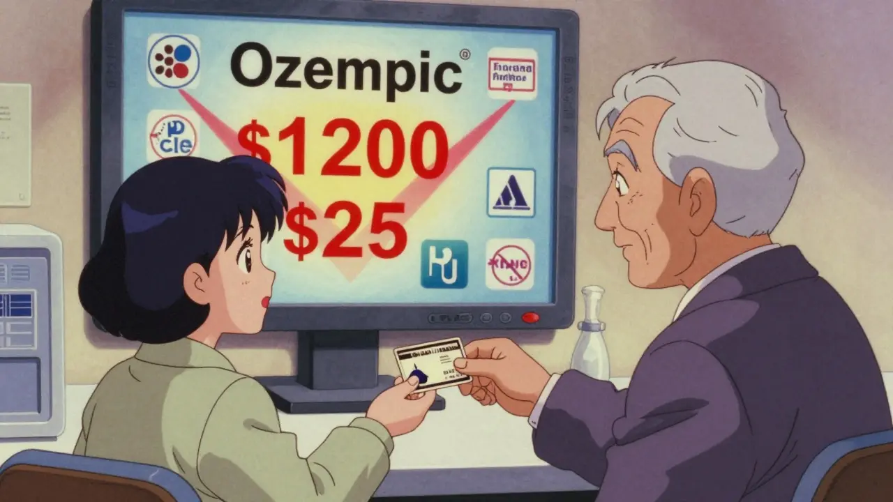 A pharmacist giving a savings card to an elderly patient, with a price drop animation behind them.