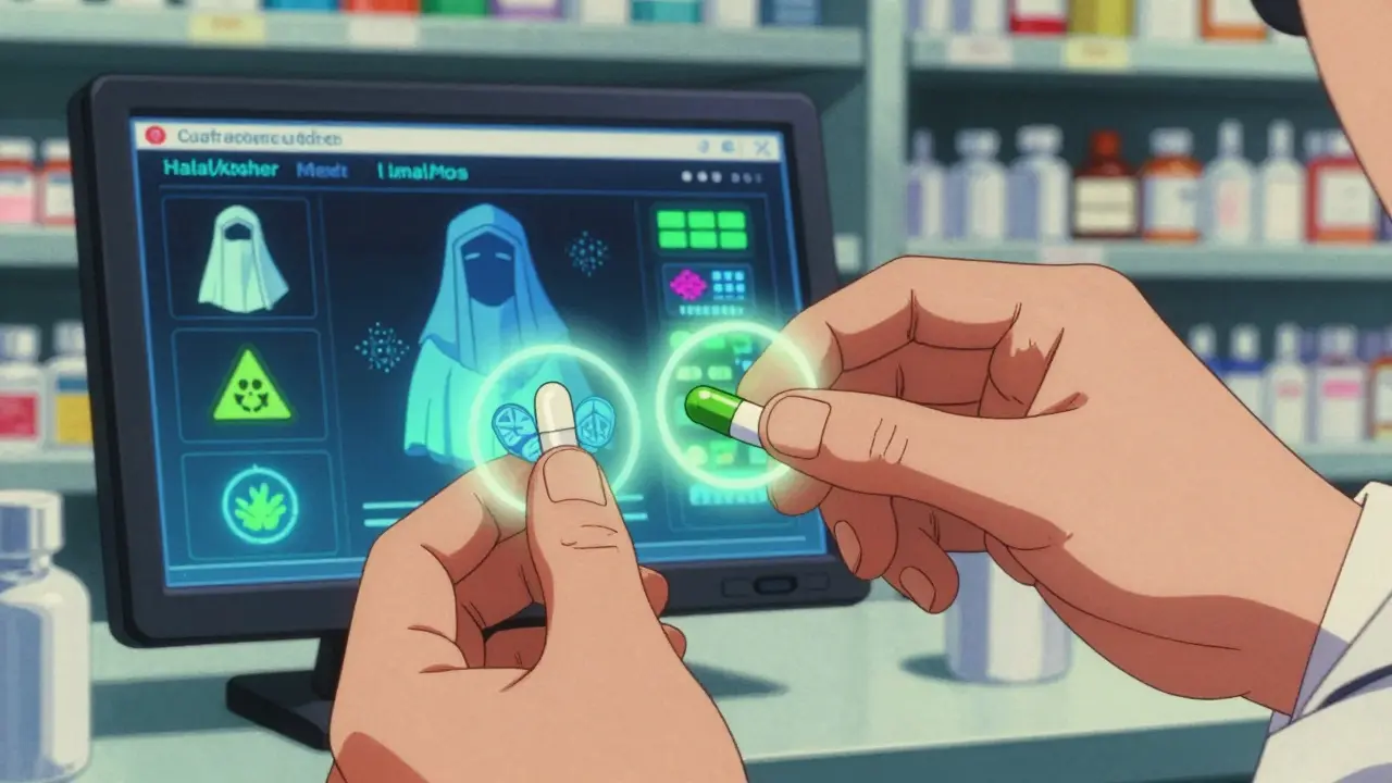 A pharmacist swapping pills as cultural symbols glow around them, with a digital database visible in the background.
