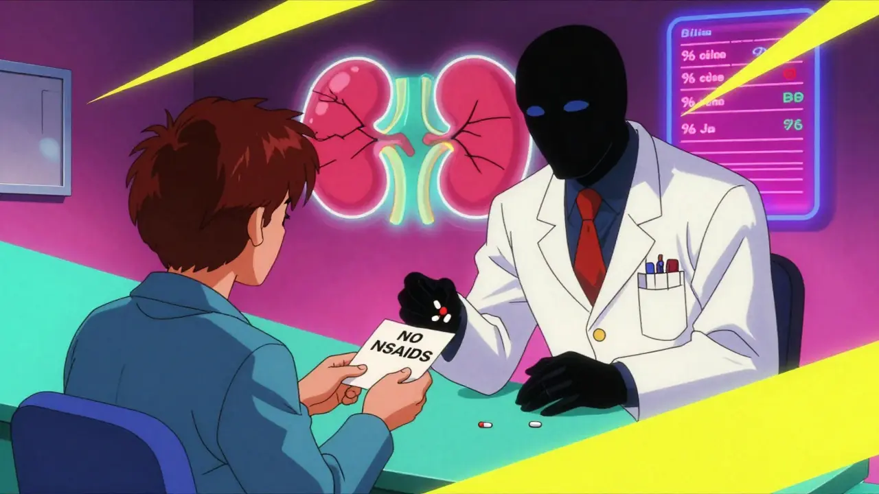 A psychiatrist warns a patient against NSAIDs while another doctor secretly offers naproxen, with a glowing cracked kidney symbol in the background.