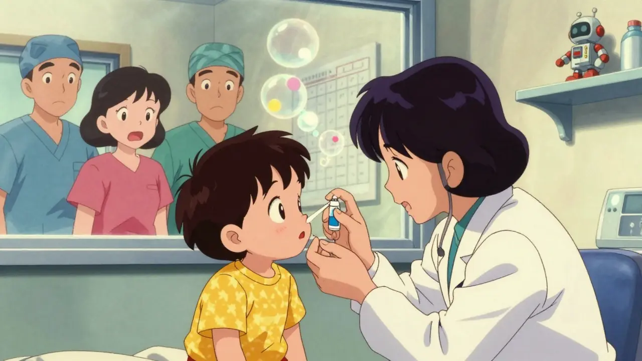 Anesthesiologist administering nasal sedative to toddler as parents watch through glass window.