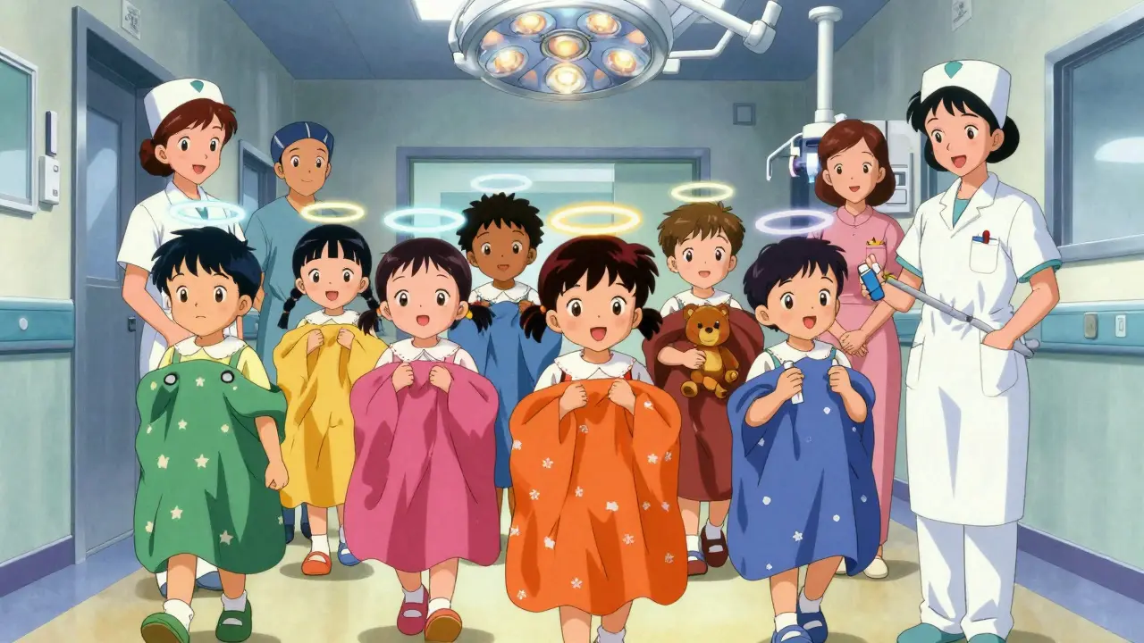 Children walking calmly to surgery with nurses, holding toys and blankets in soft retro anime style.