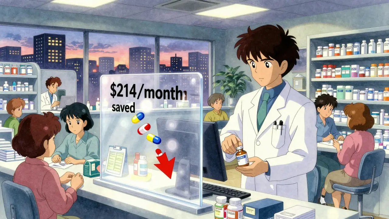 Community pharmacy transformed into a clinical center with patients receiving MTM and savings chart floating in air.