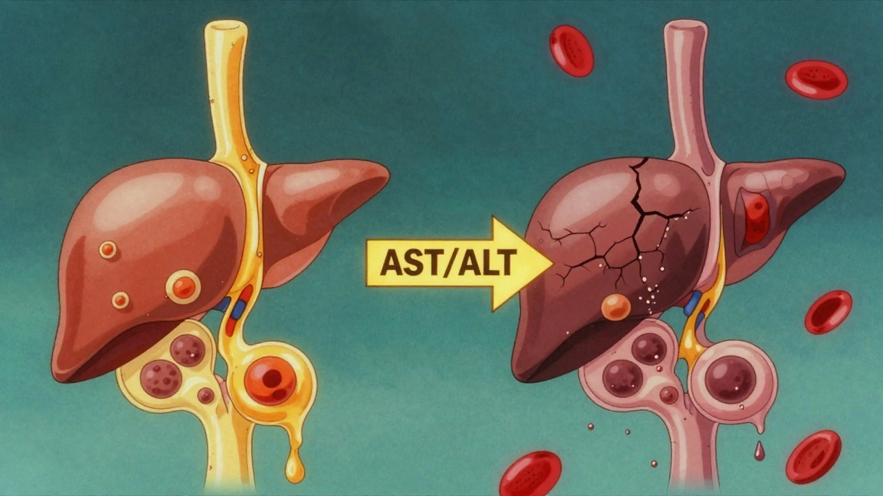 Contrasting healthy and damaged liver diagrams with AST/ALT ratio arrow in retro anime style