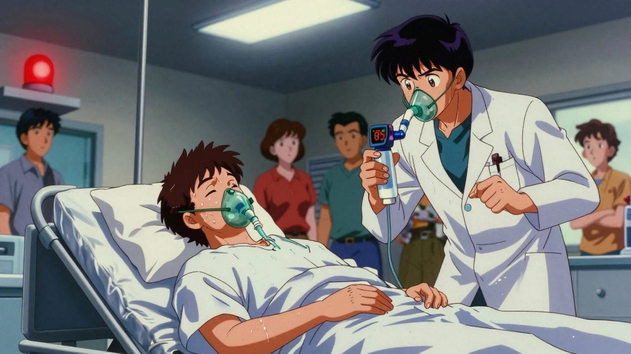 COPD patient in ER with blue lips and oxygen mask as doctor rushes in