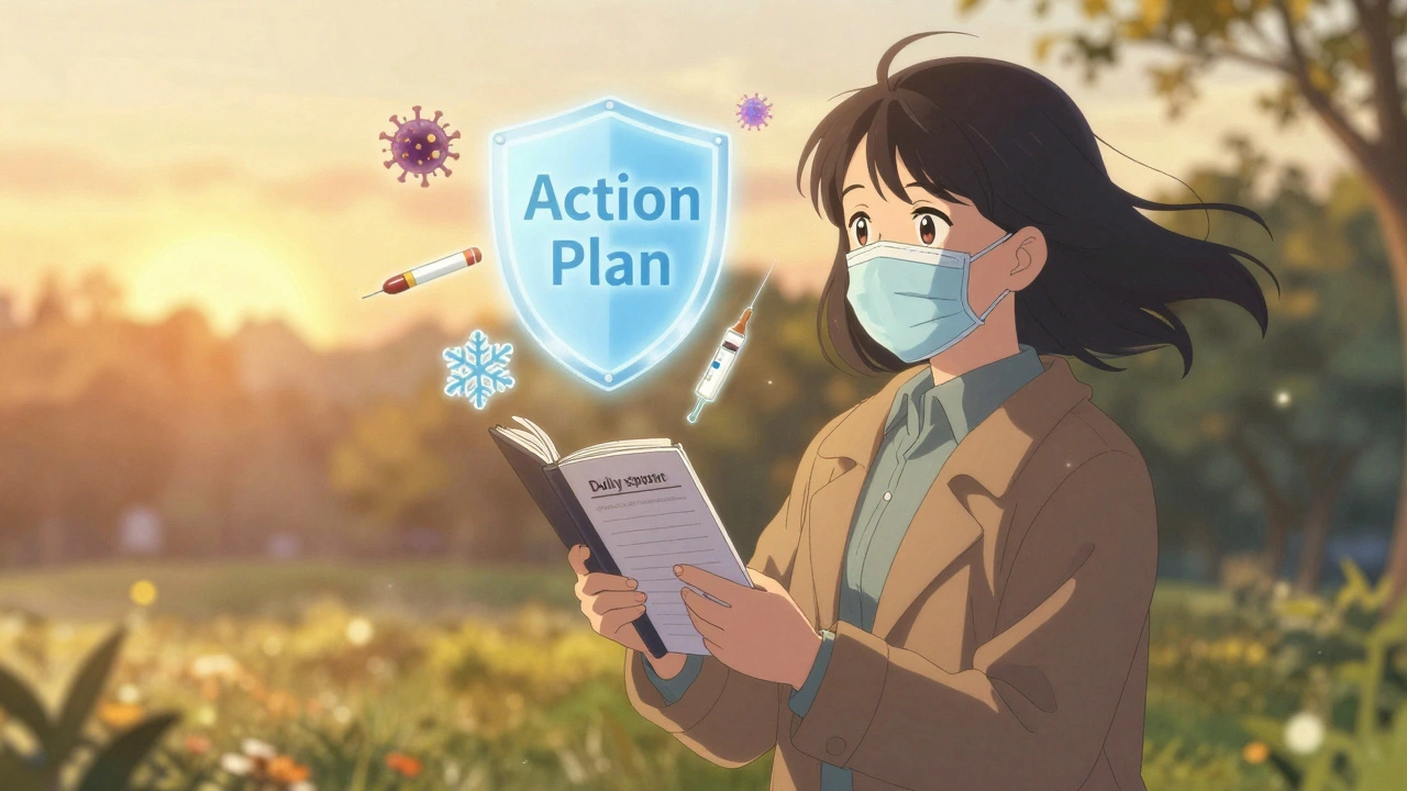 COPD patient in park wearing mask, blocking triggers with glowing action plan shield