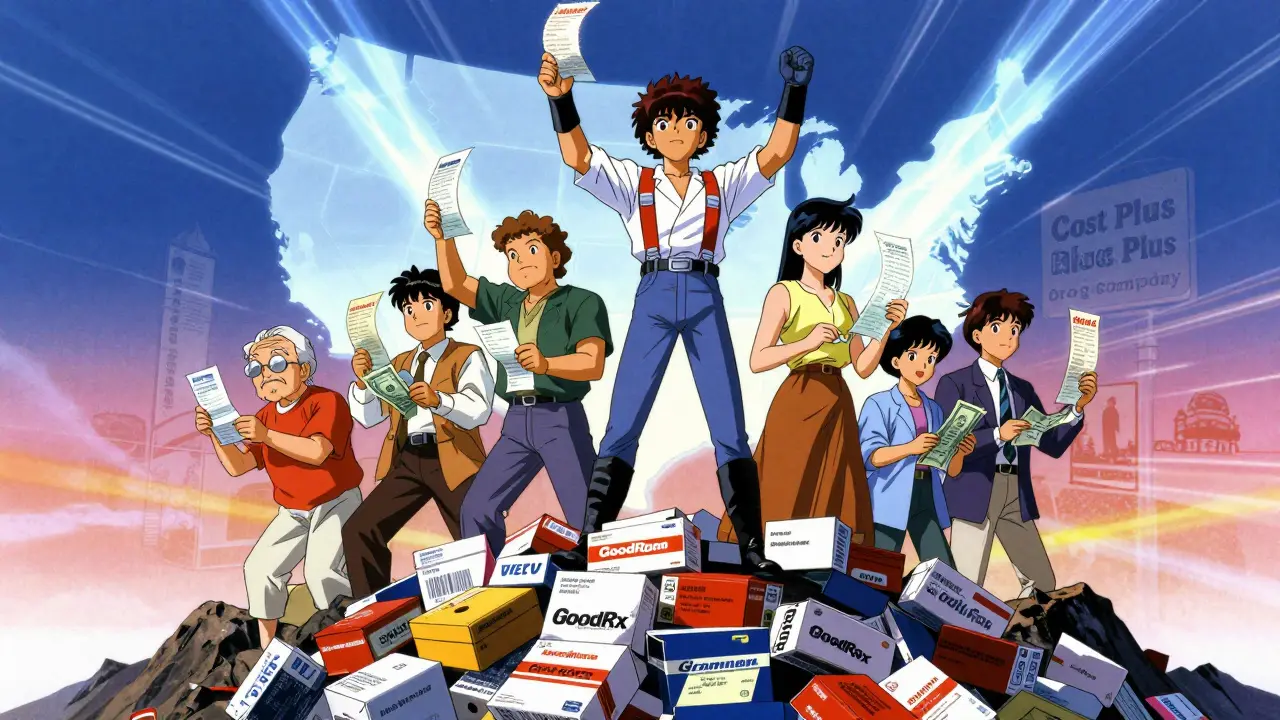 Diverse patients holding cash receipts atop a pile of discarded brand-name boxes, glowing savings streams below.
