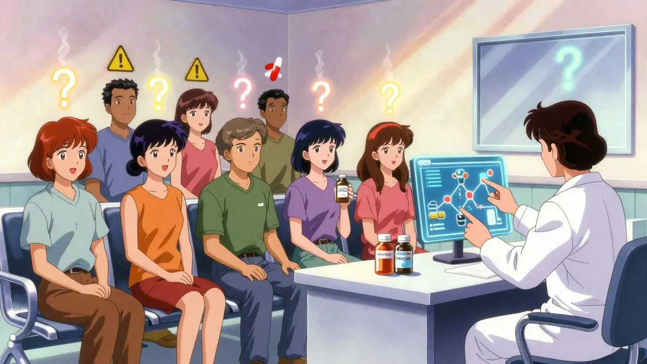 Diverse patients in clinic with floating warning icons above their supplements