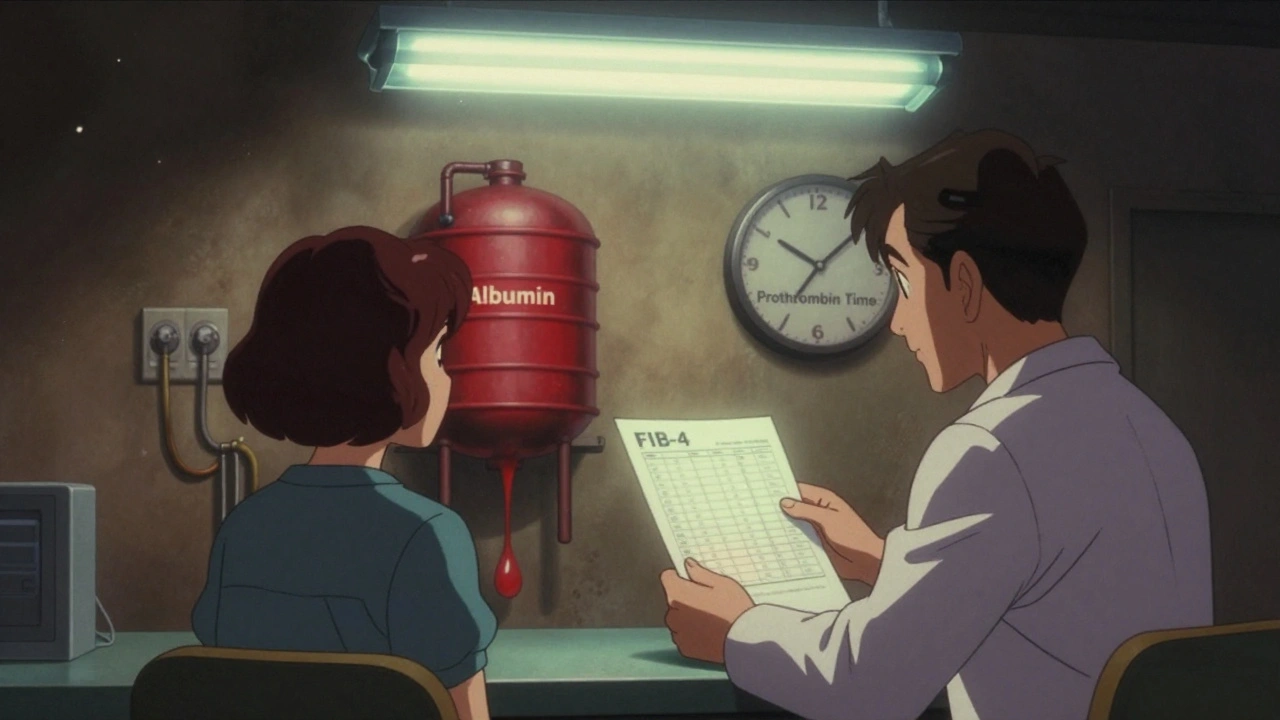 Doctor and patient discussing FIB-4 score with symbolic liver function visuals in retro anime style