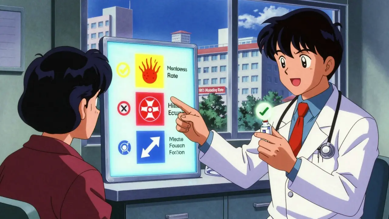 Doctor explaining drug reactions on a glowing chart with color-coded symbols in 80s anime style.