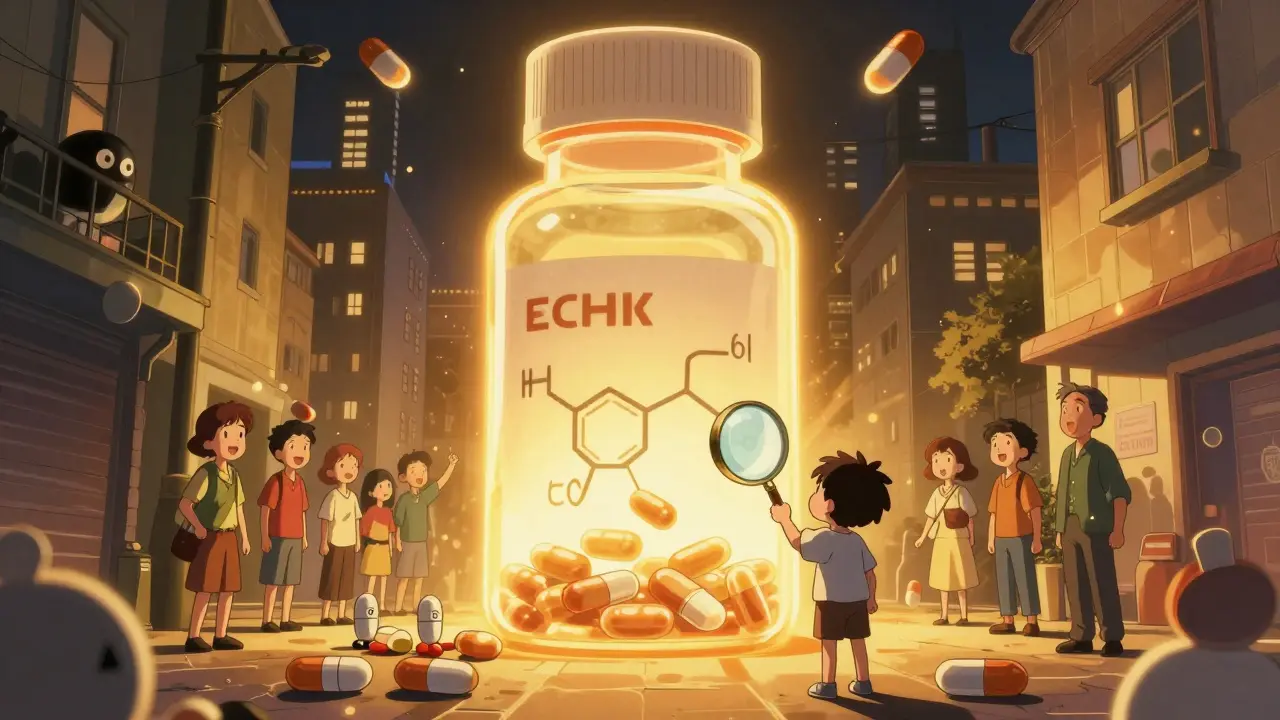 Giant branded pill looms over a city, overshadowing tiny generic pills in the shadows below.