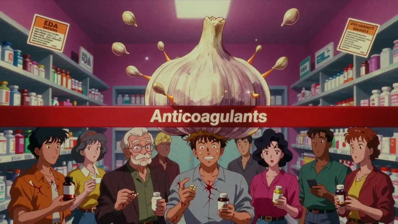 Giant garlic clove exploding into platelet-blocking molecules, people with cracks spreading on bodies, retro anime style.