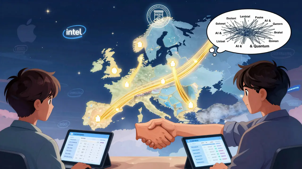 Global blockchain settlement flows across Europe with AI and patent thicket visualized.