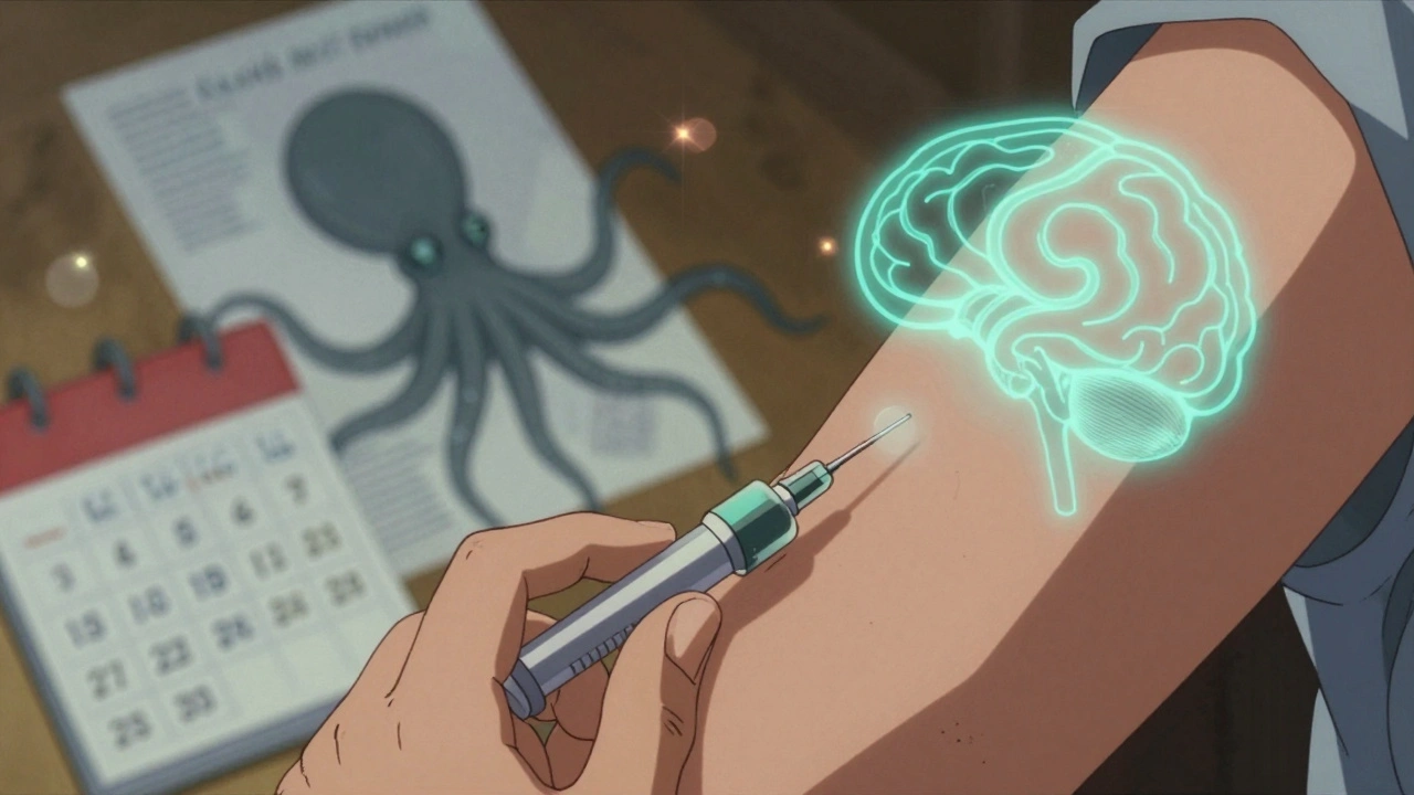 Hand injecting natalizumab as a shadowy JC virus tendrils creep into a neural network, medical charts floating in background.