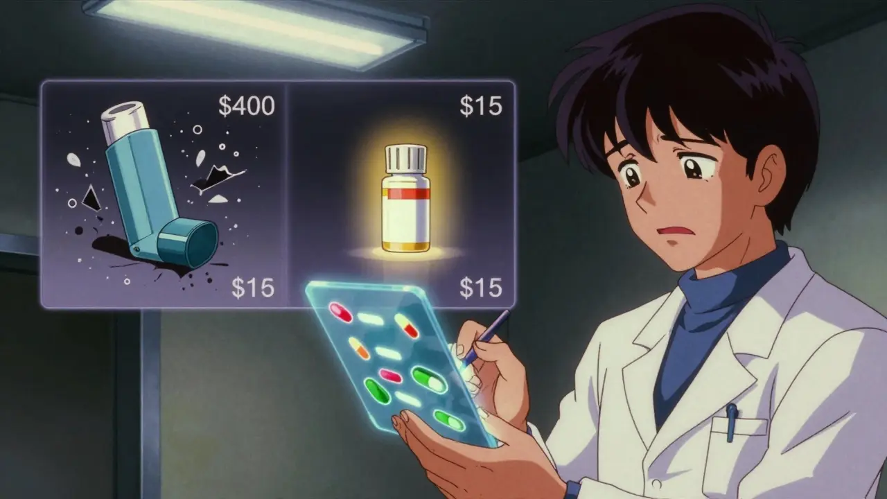 Holographic drug analysis showing a 0 brand inhaler replaced by a  generic pill glowing with light.