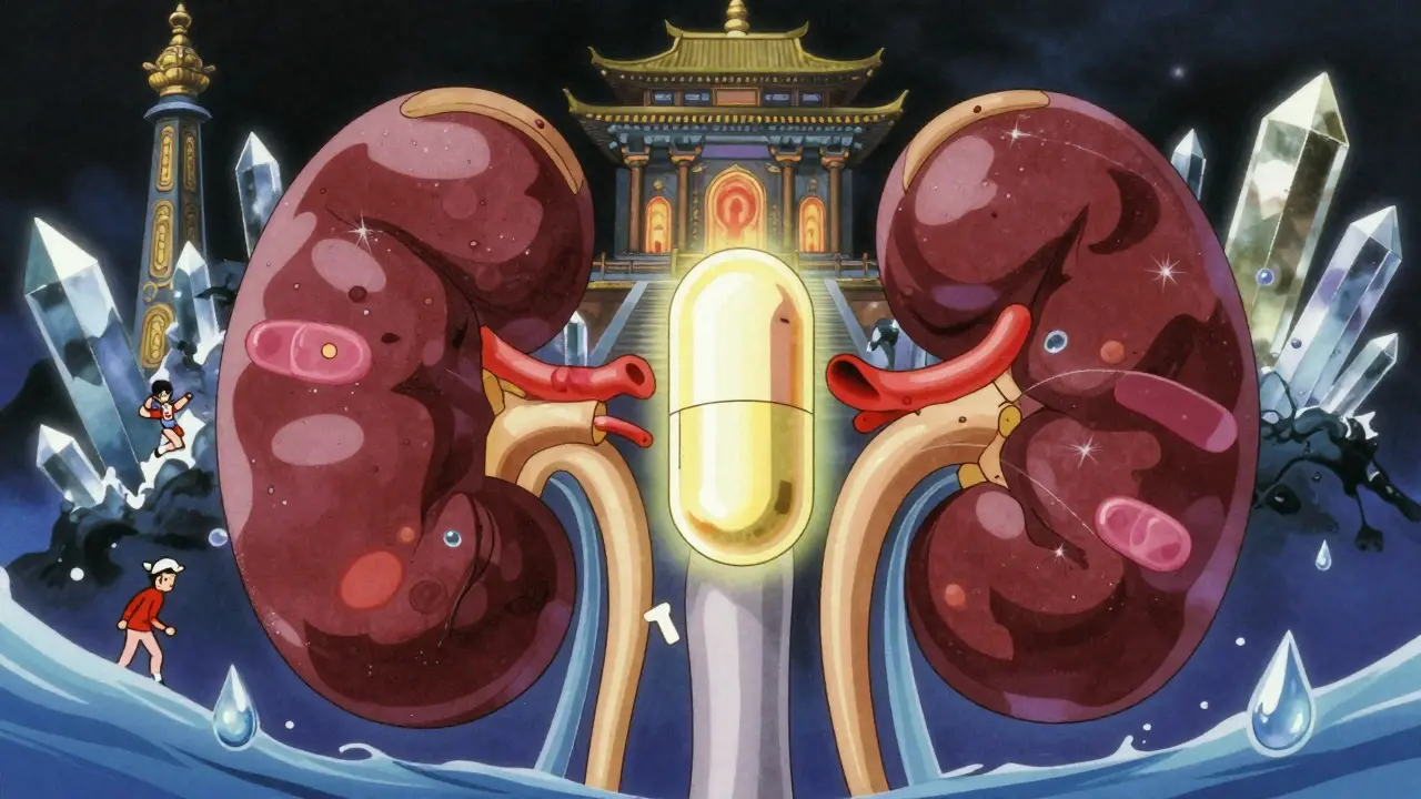 Internal view of kidneys as ancient temples under attack by lithium crystals and NSAID spikes, with a healing acetaminophen capsule at the center.
