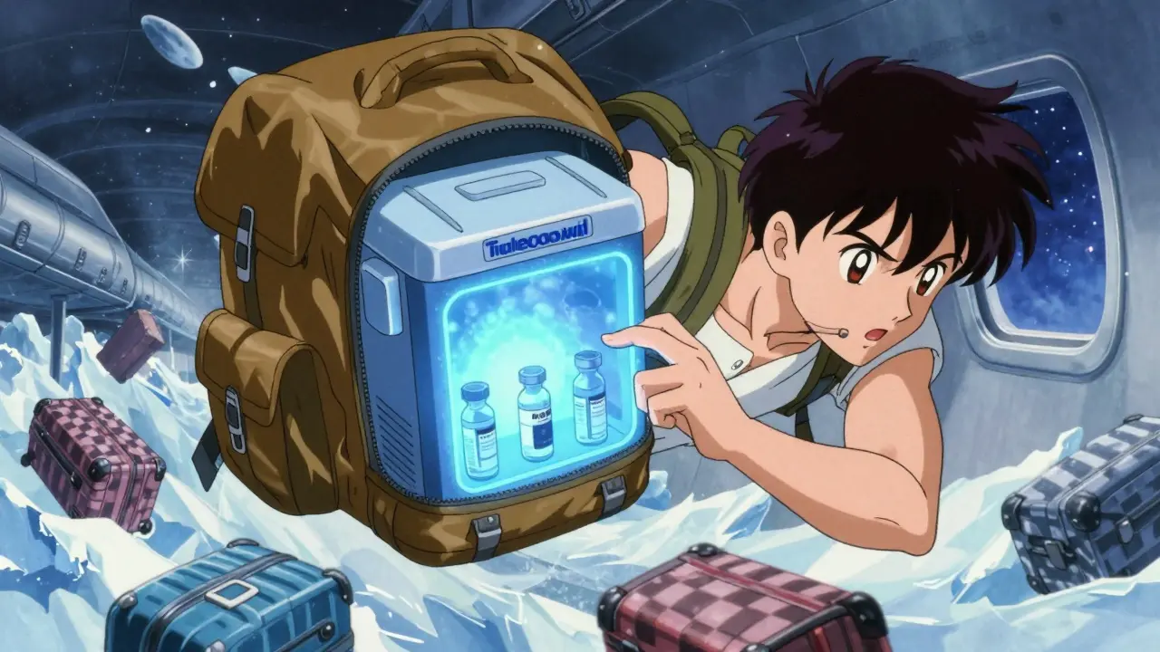 Med cooler glowing safely inside backpack as checked luggage freezes below in retro anime style.