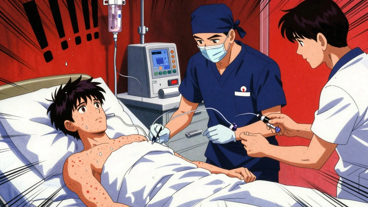 Medical team calmly managing an allergic reaction during drug desensitization procedure.