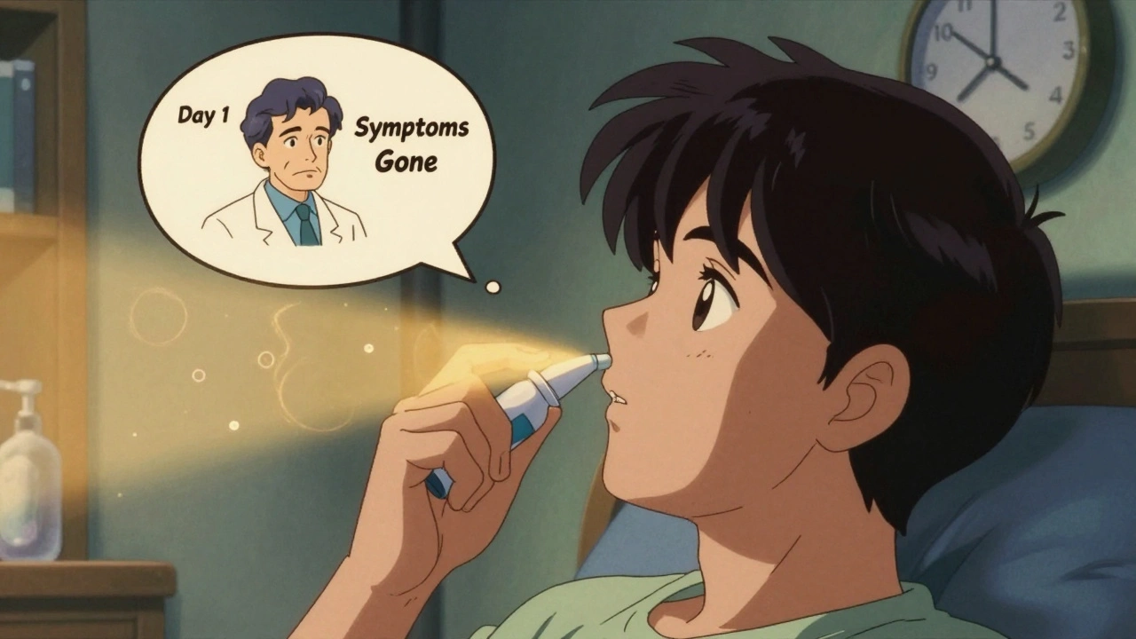 Patient correctly using nasal spray with golden light reducing allergens inside nose