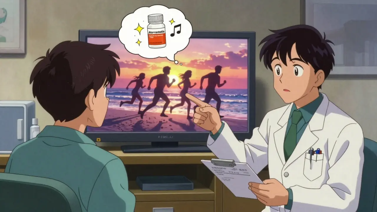 Patient excitedly points at a TV drug ad in a doctor's office, while the doctor holds a generic prescription.