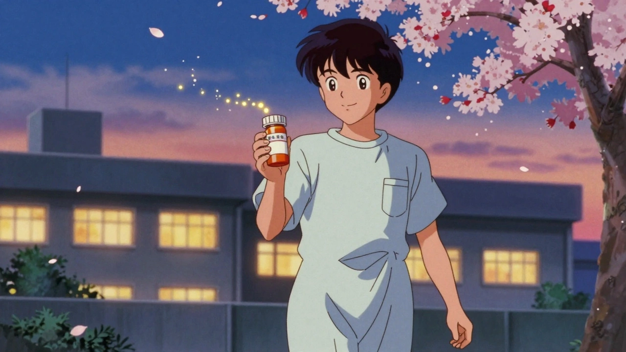 Patient leaving hospital after successful desensitization, symbolizing hope and temporary tolerance.