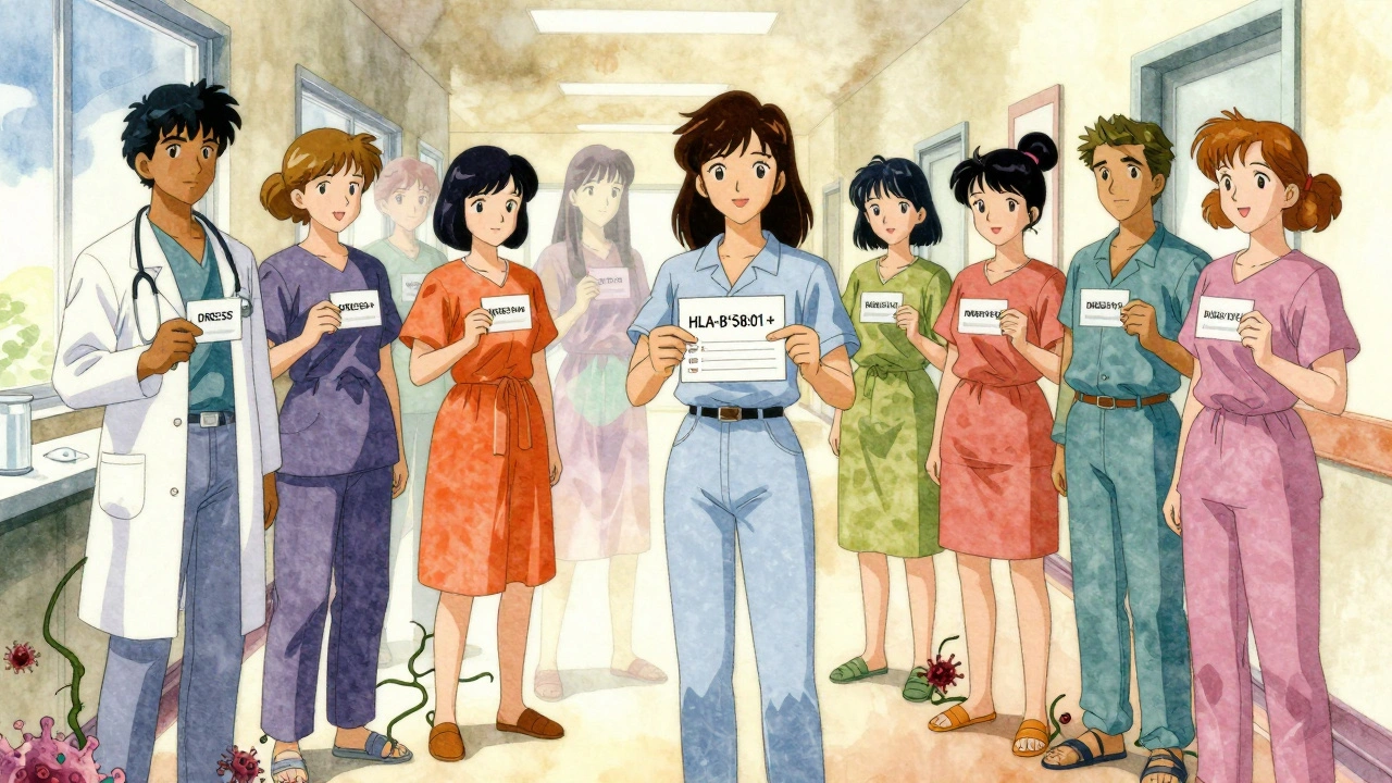 Patients holding medical alert cards, one showing a genetic marker, with viral vines at their feet.