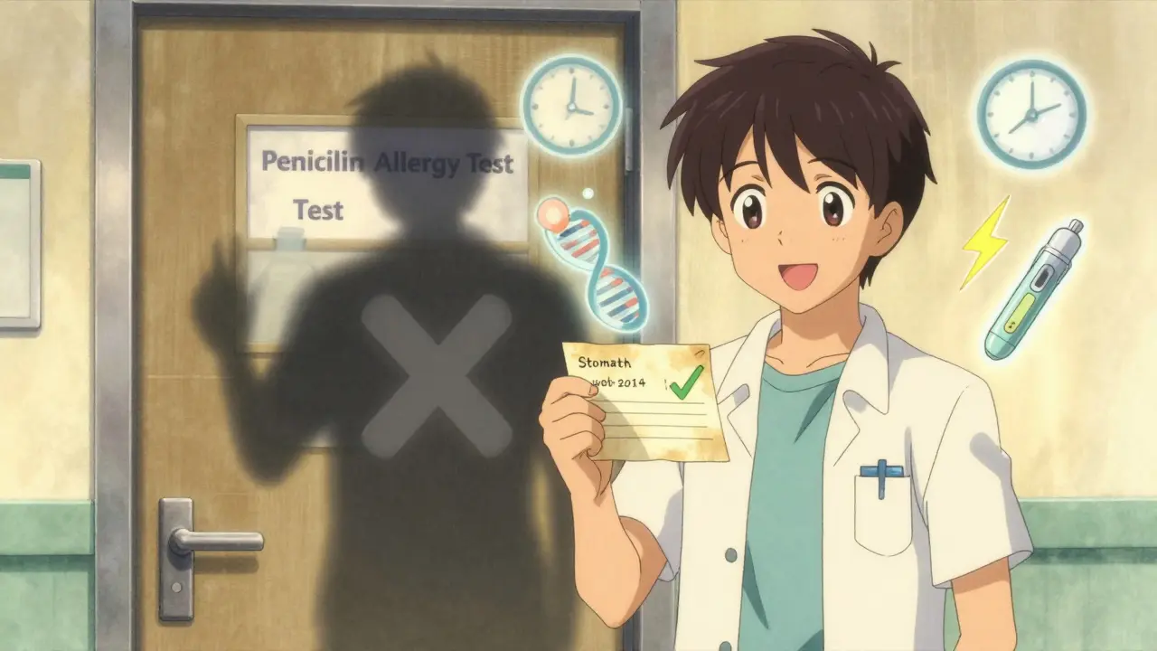 Person leaving clinic after allergy test, old label fading as new prescription glows warmly.