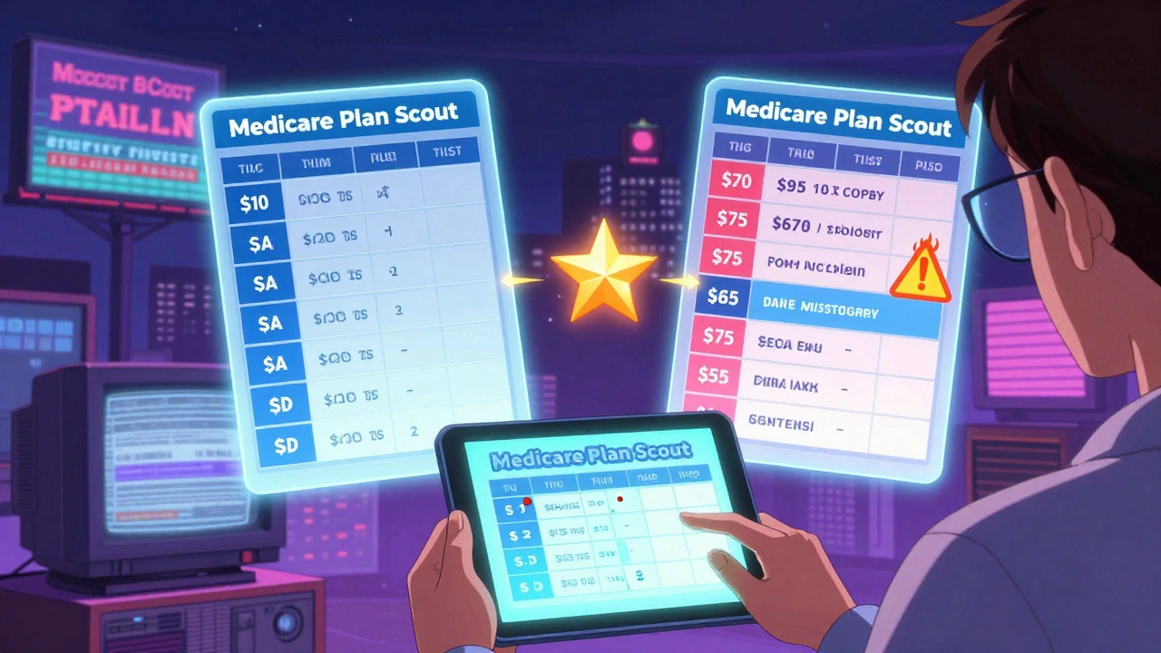 Person using a holographic health plan comparison tool with floating drug tiers and cost indicators.