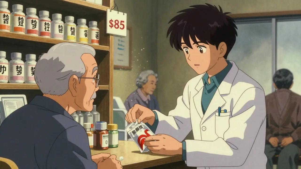 Pharmacist helping an older man sort medications at a clinic counter, price tag visible beside heart pill.