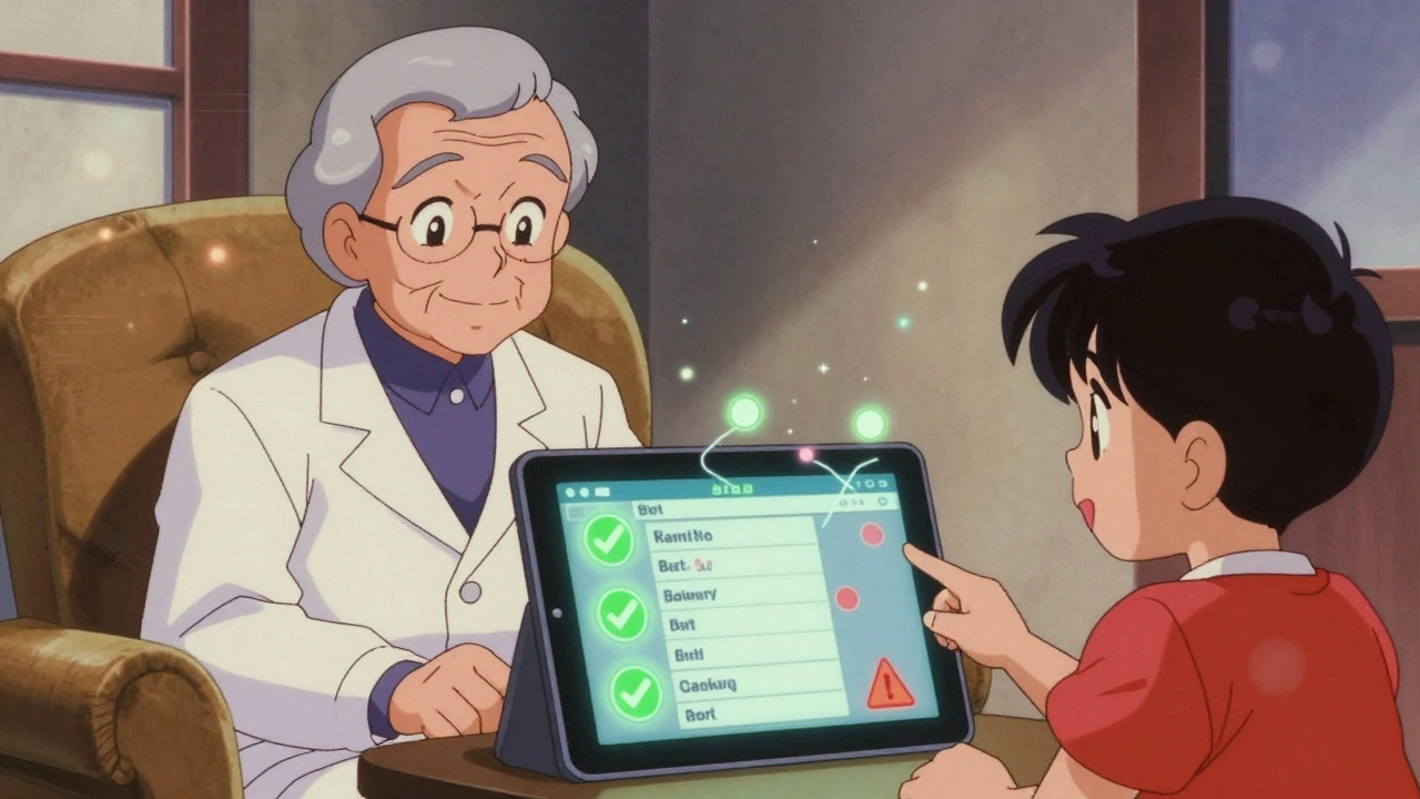 Pharmacist on video call with family reviewing drug interaction report, glowing warnings and checkmarks around tablet.