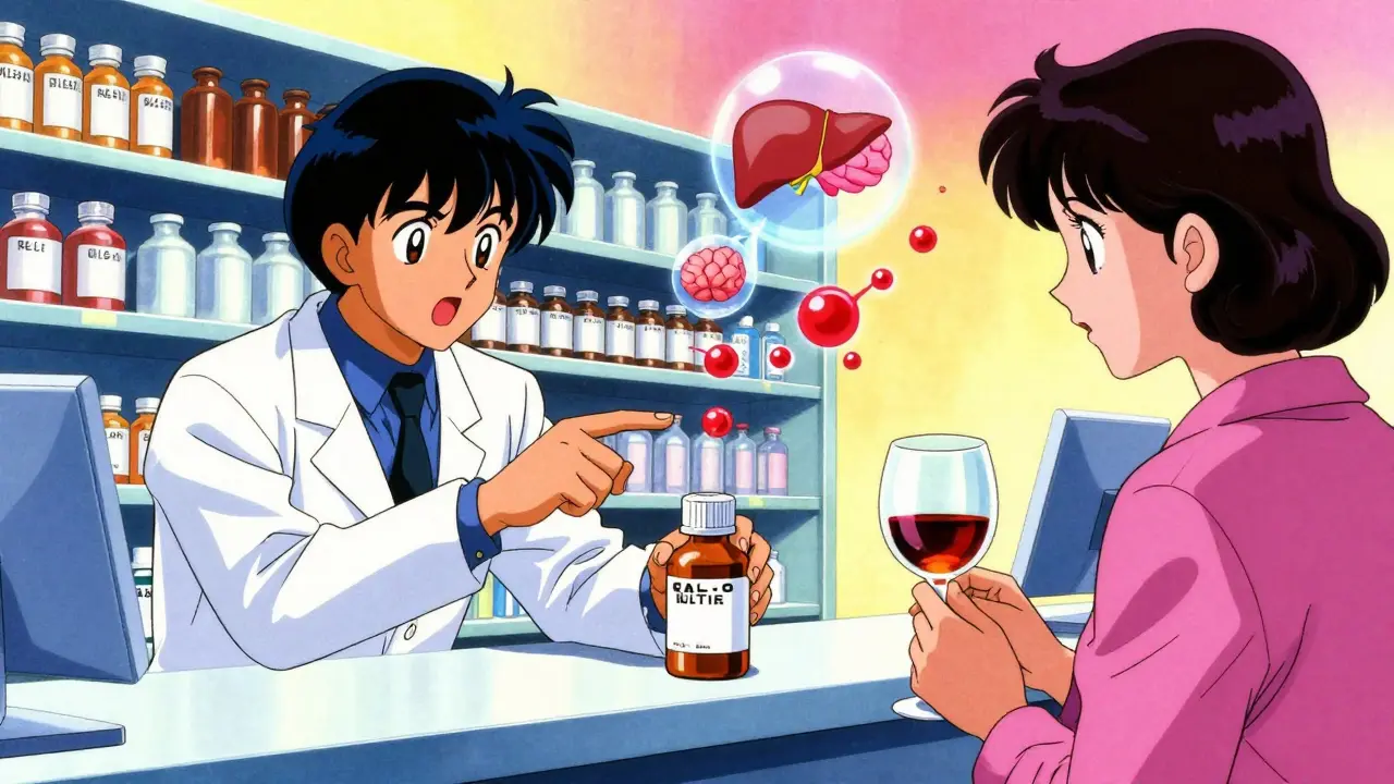 Pharmacist warning a patient about alcohol and medication dangers in a bright pharmacy.