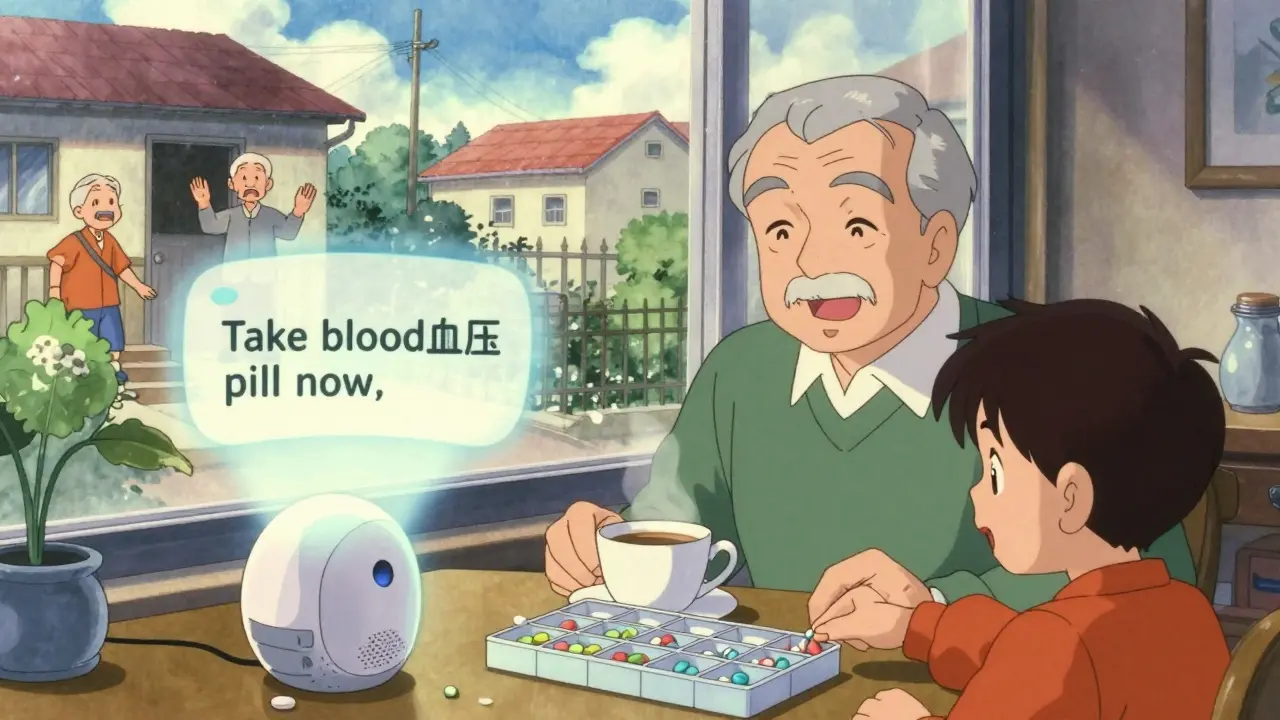 Senior man taking medication with voice assistant reminder, grandson placing pill organizer beside tea.