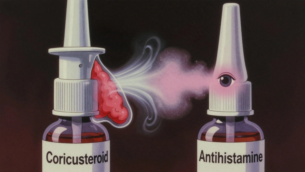 Side-by-side nasal sprays showing corticosteroid calming inflammation vs antihistamine affecting only eyes