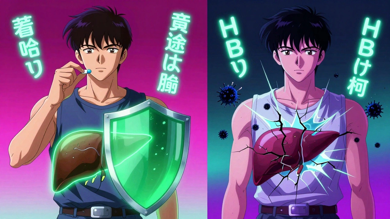 Split scene: patient taking antiviral pill with protected liver vs. same patient with exploding virus.