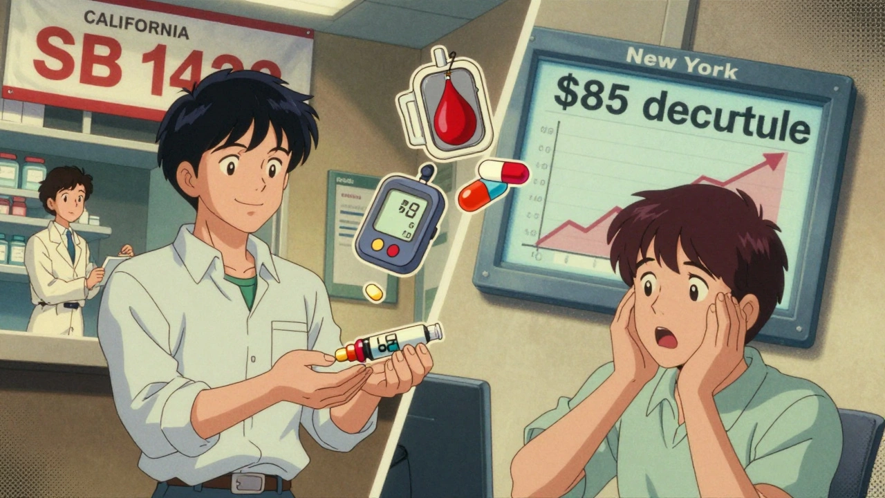 Split scene showing insulin cost difference between California and New York pharmacy displays.