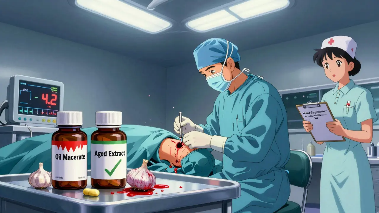 Surgical scene with uncontrolled bleeding and garlic supplement bottles on table, INR monitor showing high value.